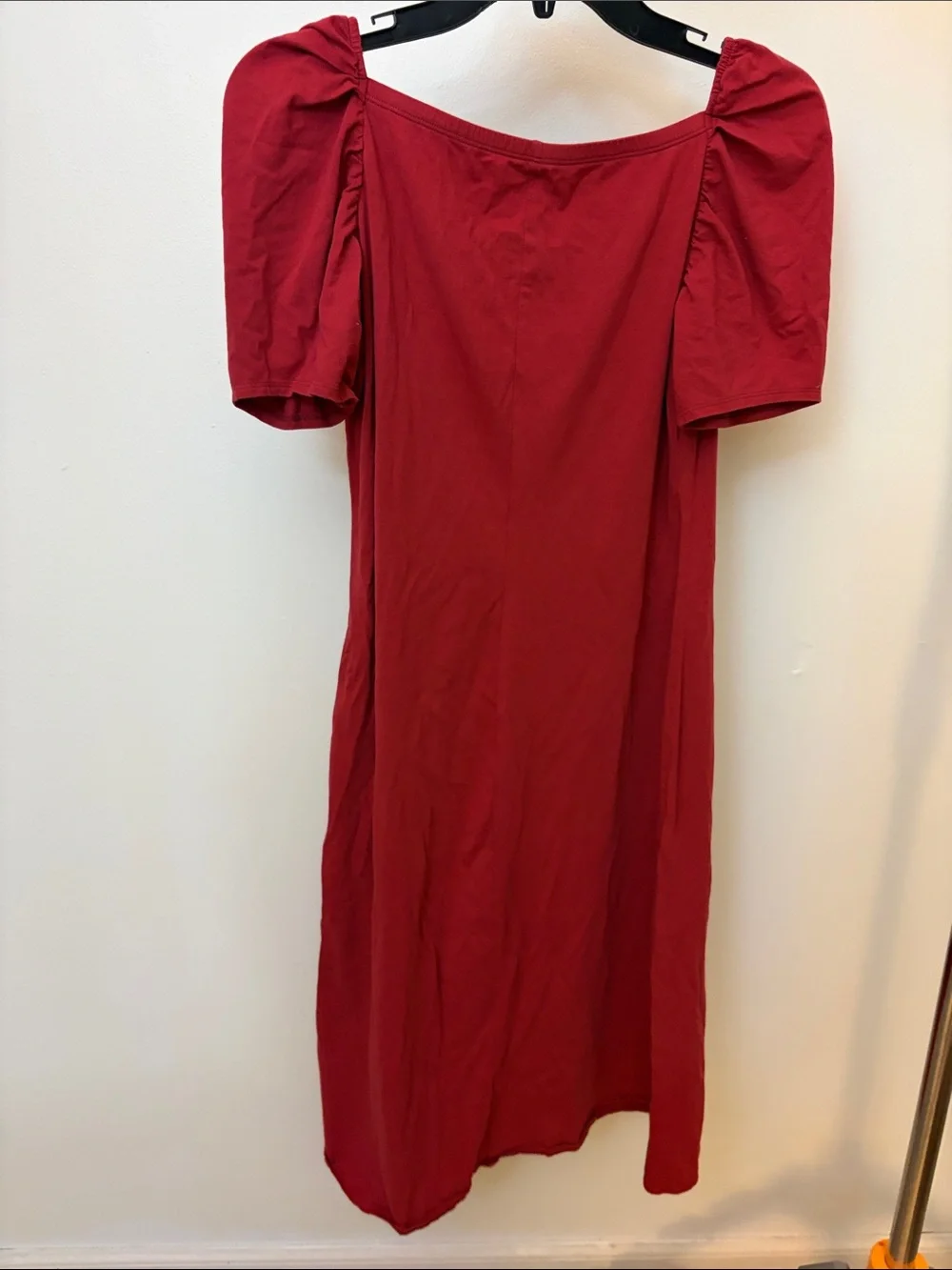 Puff-Sleeve Square Neck Midi Dress in Red